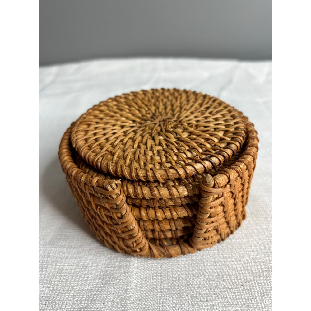 Vintage Handwoven Rattan Coaster Set with Holder 6 Piece Wicker Drink Coasters